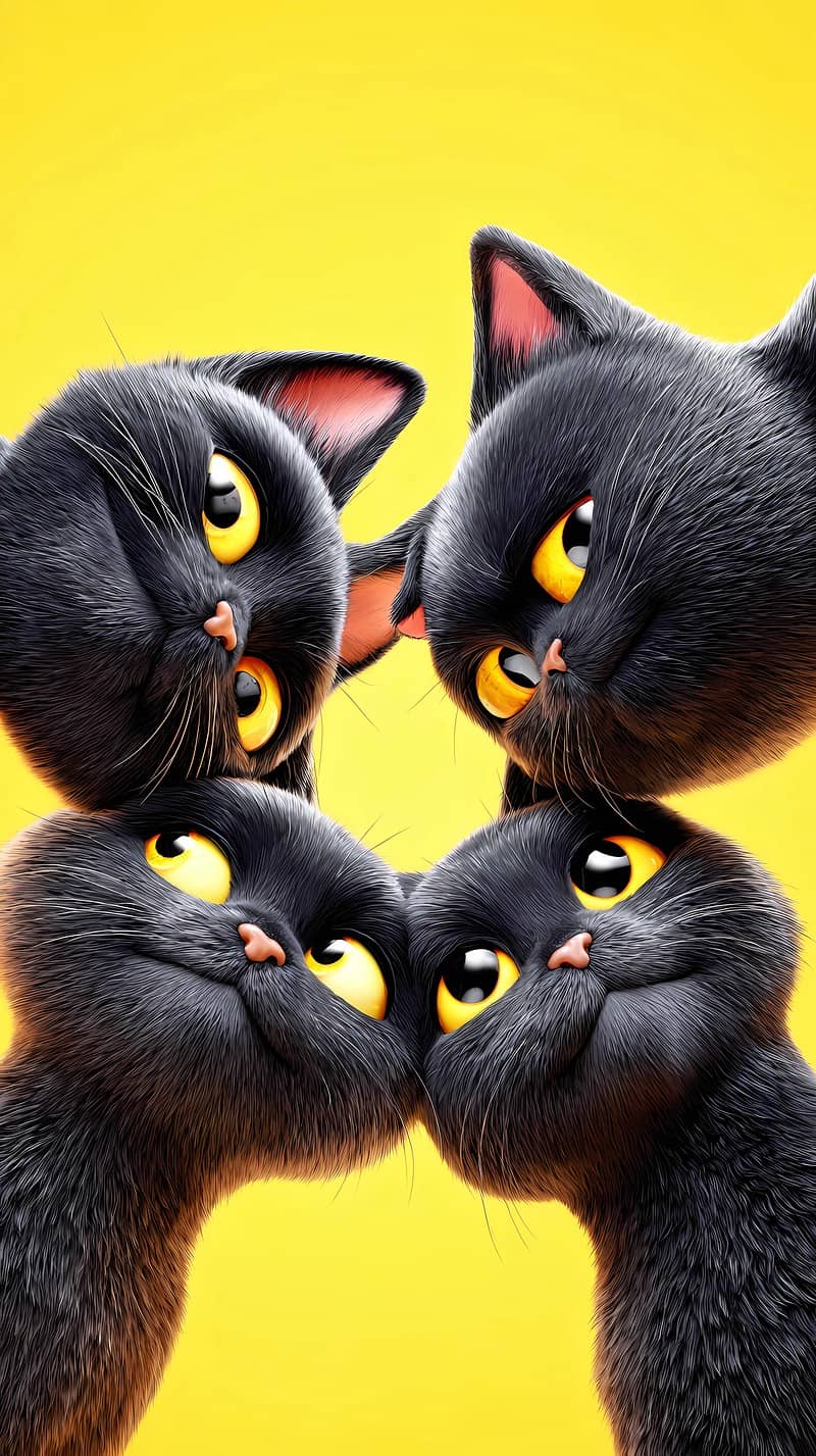 Cute Black Cat Circle Android Wallpaper – 3D Cartoon Kittens Golden Background - Cat Wallpapers mobile Wallpaper | Picmaze