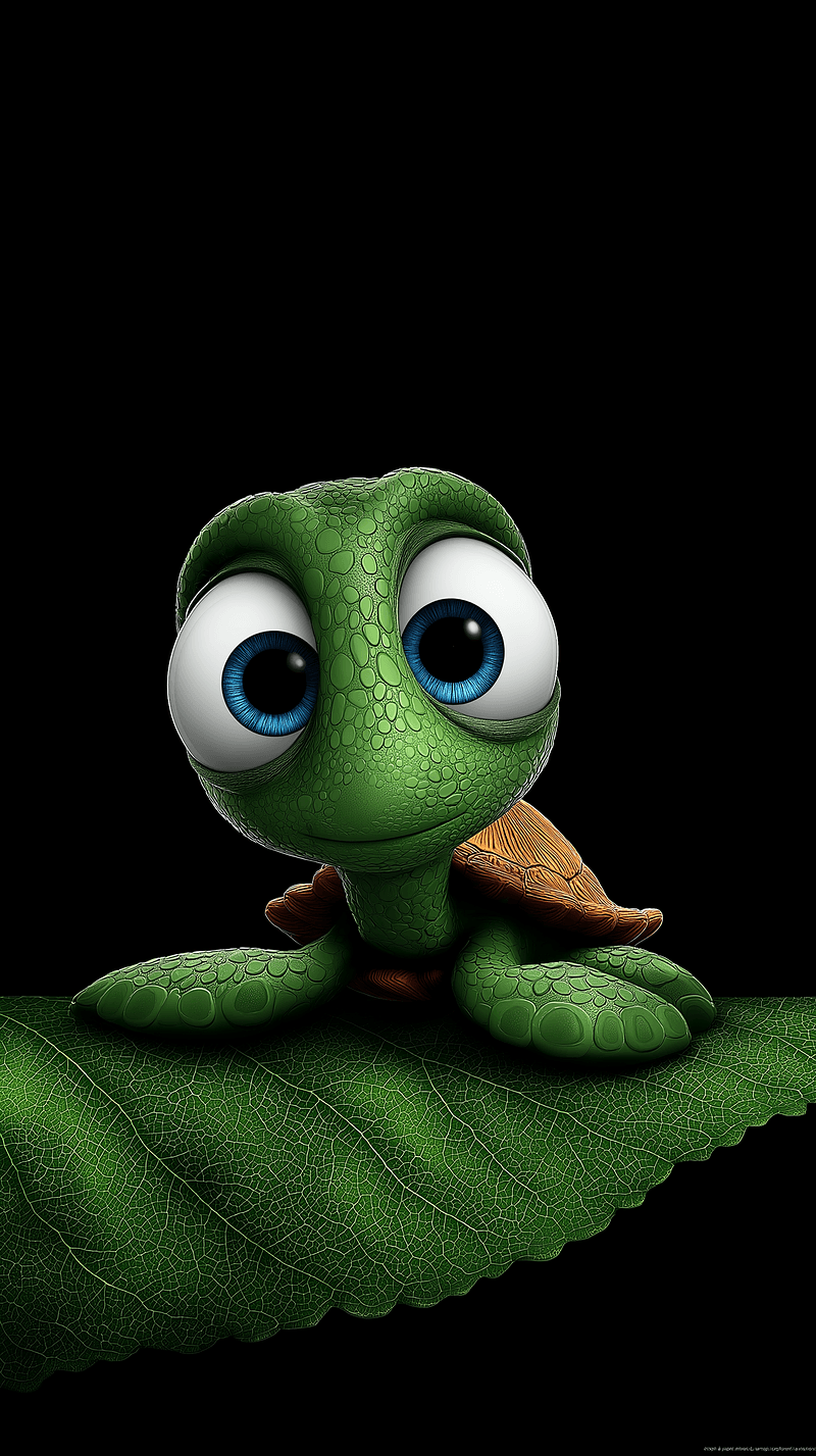Cute Baby Turtle on Leaf Android Wallpaper – Big Eyes Cartoon Turtle Nature Minimal Dark Background - Turtle mobile Wallpaper | Picmaze