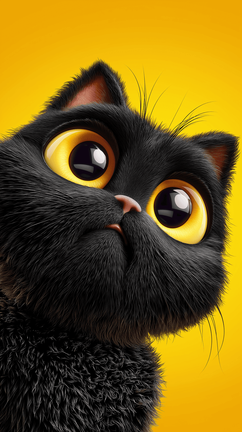 Big Eyes Black Cat Android Wallpaper – Ultra Cute 3D Kitten Yellow Background - Cat Wallpapers mobile Wallpaper | Picmaze