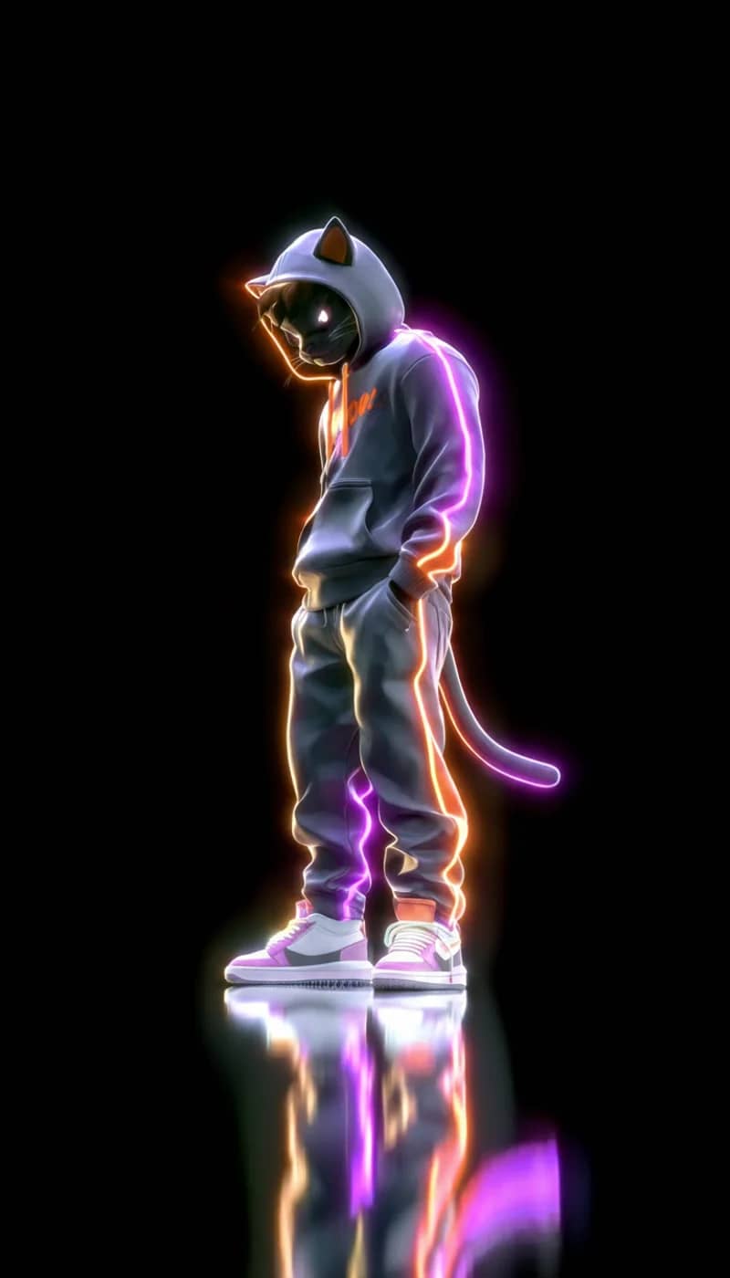 Neon Hoodie Cat 3D Wallpaper with Reflective Glow Effect - neon style mobile Wallpaper | Picmaze