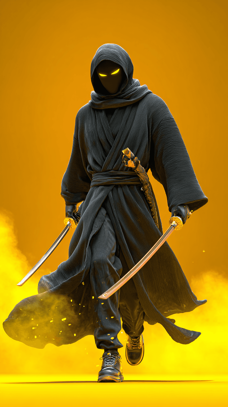 Dark Dual‑Blade Ninja Android Wallpaper – Hooded Warrior with Glowing Eyes Yellow Background - Ninja Wallpapers  mobile Wallpaper | Picmaze