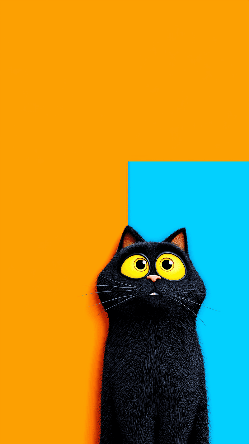 Cute Big‑Eyes Black Cat Wallpaper – Minimal Orange Blue Cartoon Cat Android - Cat Wallpapers mobile Wallpaper | Picmaze
