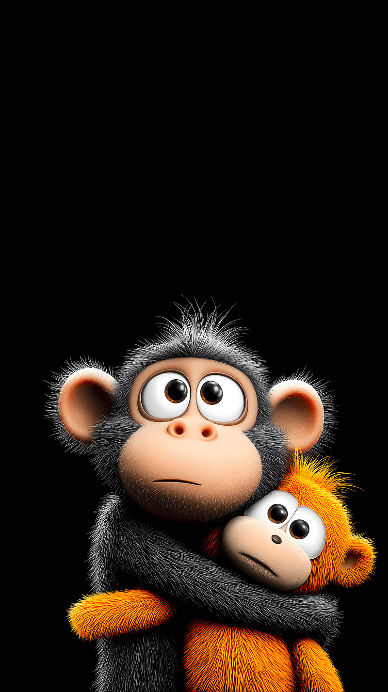 Adorable Cartoon Monkey Hugging Plush – Cute Dark Background 4K Wallpaper - monkey mobile Wallpaper | Picmaze