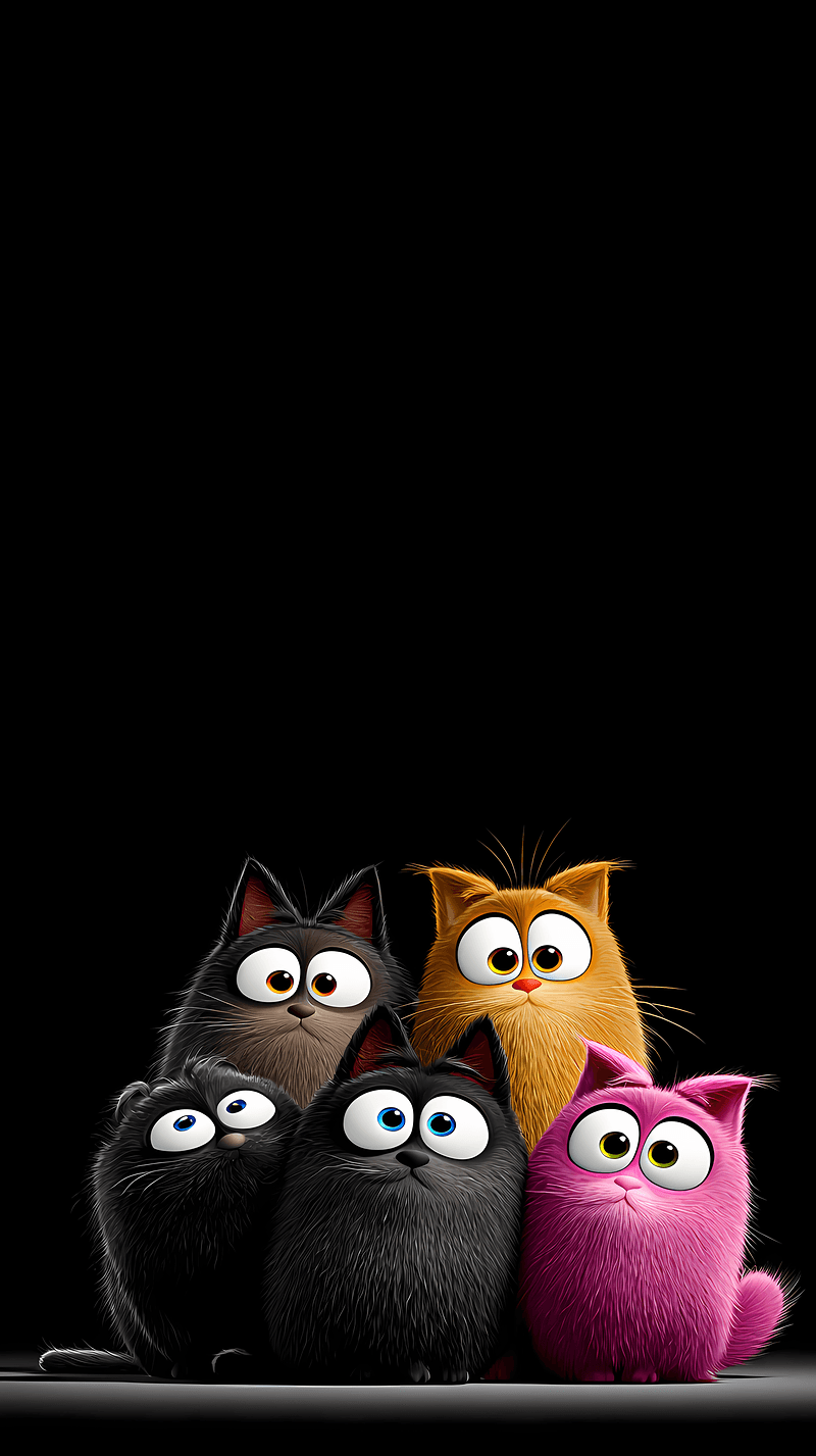 Cute Colorful Cartoon Kittens Wallpaper – Big‑Eyes Cat Friends Black Background - Cat Wallpapers mobile Wallpaper | Picmaze