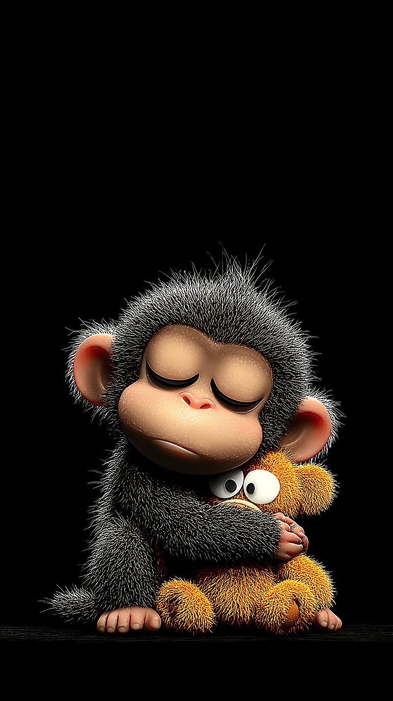 Cute Baby Monkey Hugging Plush Toy – Dark Aesthetic 4K Cartoon Wallpaper - monkey mobile Wallpaper | Picmaze