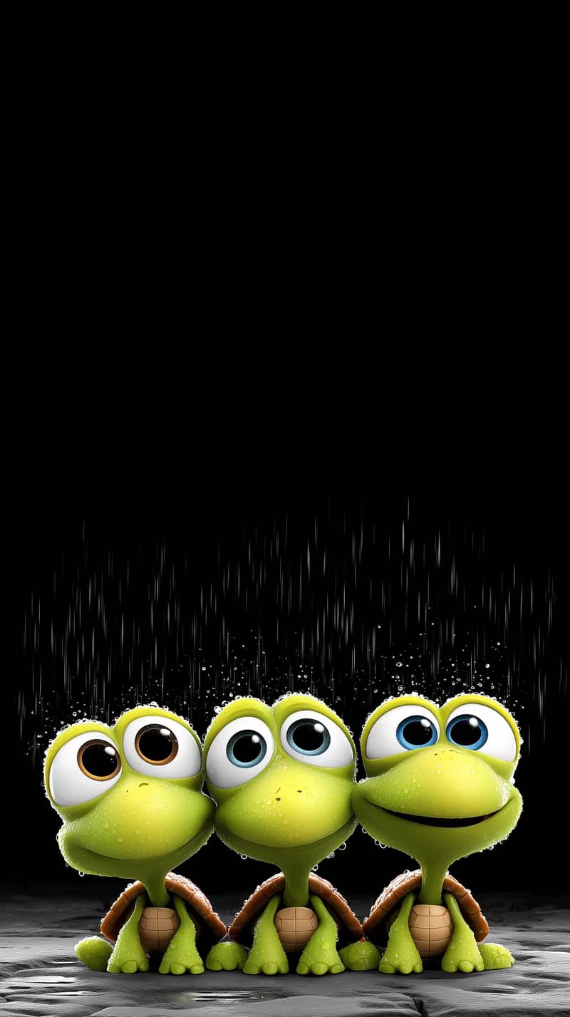 Cute Turtle Trio Rain Wallpaper 4K Dark Aesthetic - Turtle mobile Wallpaper | Picmaze