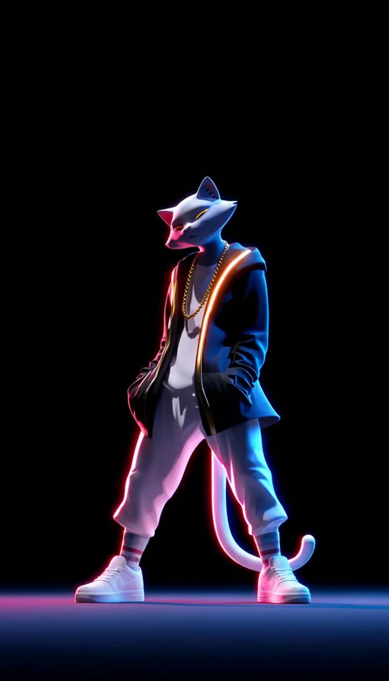 Neon Street Cat 3D Wallpaper with Gold Chain Glow - neon style mobile Wallpaper | Picmaze
