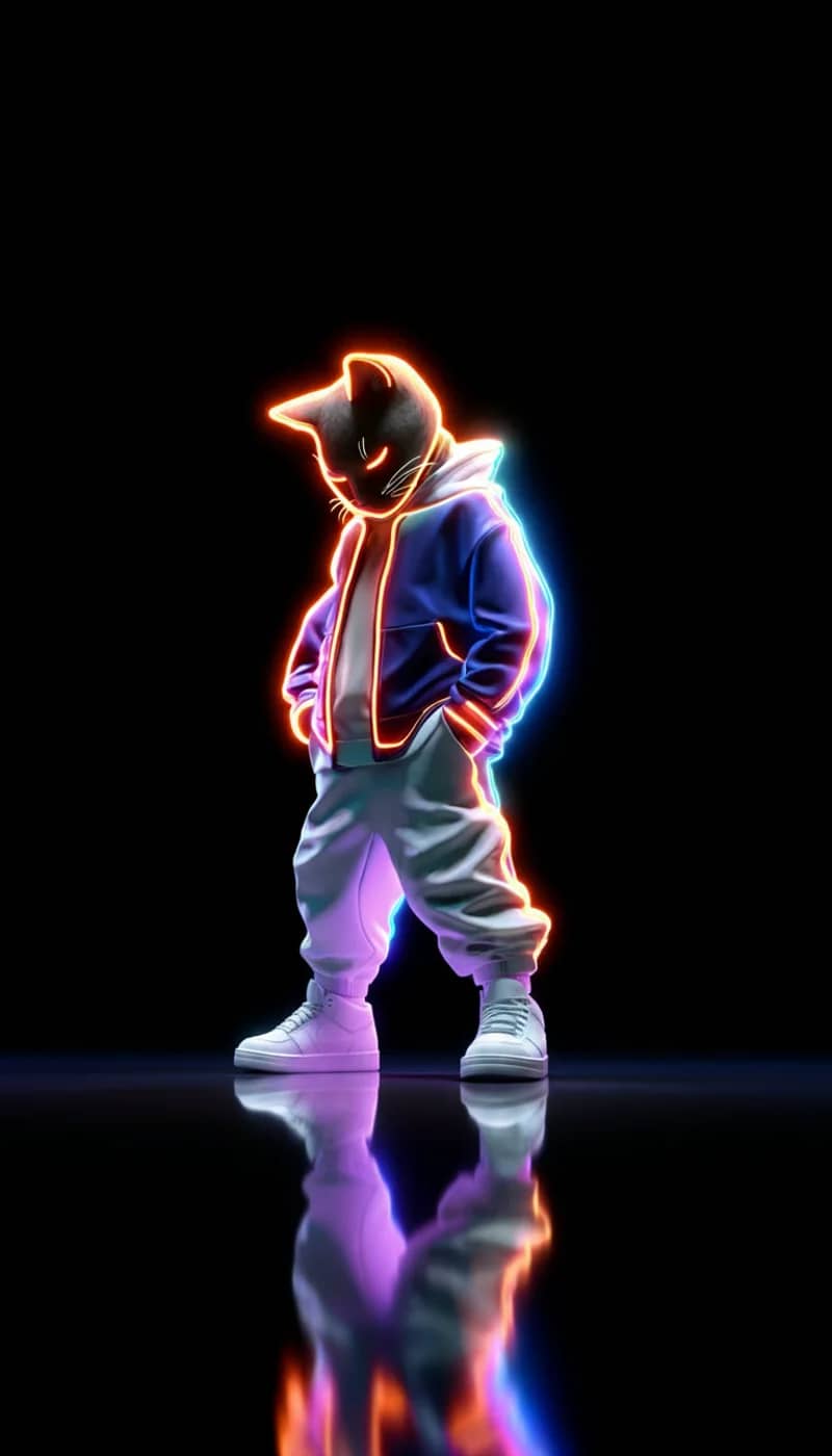 Neon Hoodie Cat 3D Wallpaper with Vibrant Glow Outline - neon style mobile Wallpaper | Picmaze
