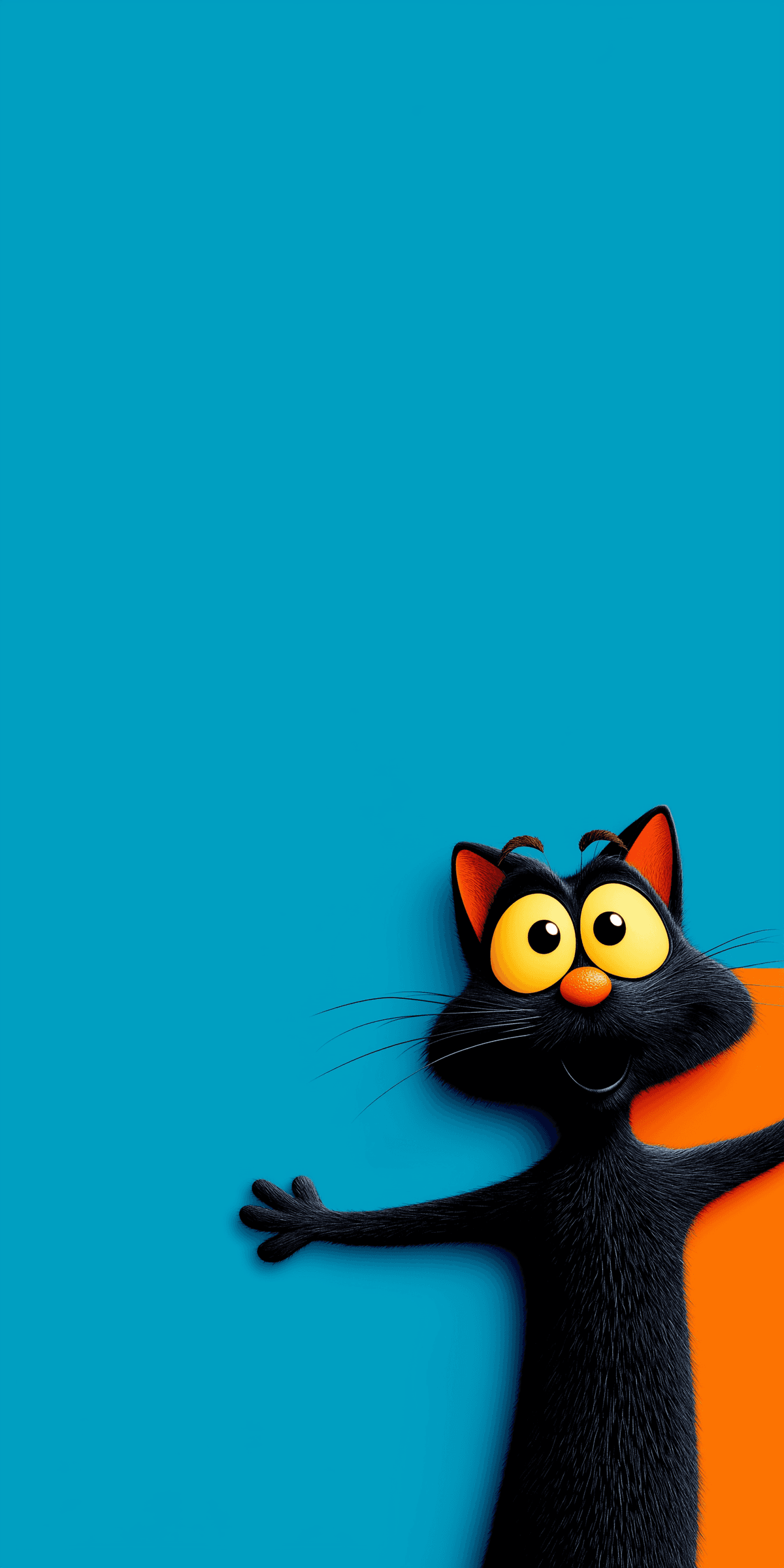 Funny Cartoon Black Cat Stretching Wallpaper – Cute Big‑Eyes Cat Cyan Background Android wallpaper - Cat Wallpapers | Picmaze