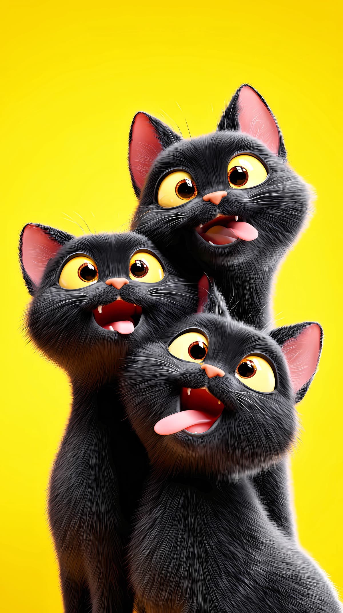 Playful Black Kitten Trio Android Wallpaper – Funny 3D Cartoon Cats Yellow Background wallpaper - Cat Wallpapers | Picmaze