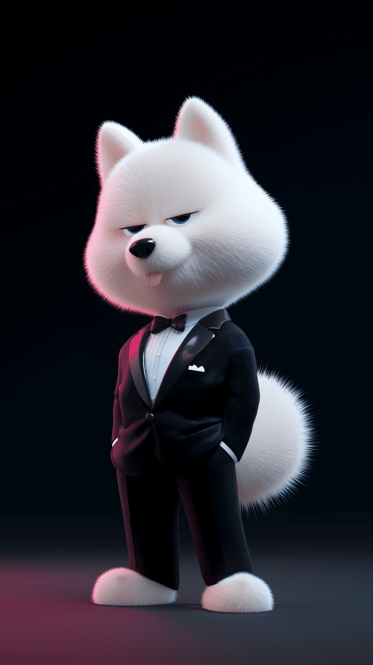 Elegant White Dog in Black Suit 3D Wallpaper – Premium Android Dark Background wallpaper - Mobile | Picmaze