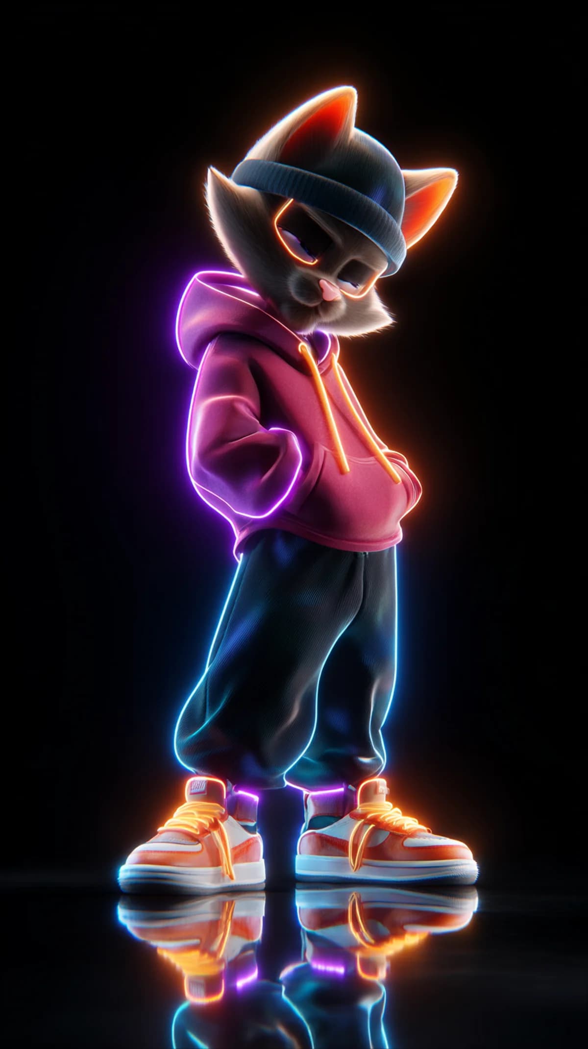 Neon Hoodie Cat 3D Wallpaper with Vibrant Street Glow wallpaper - neon style | Picmaze