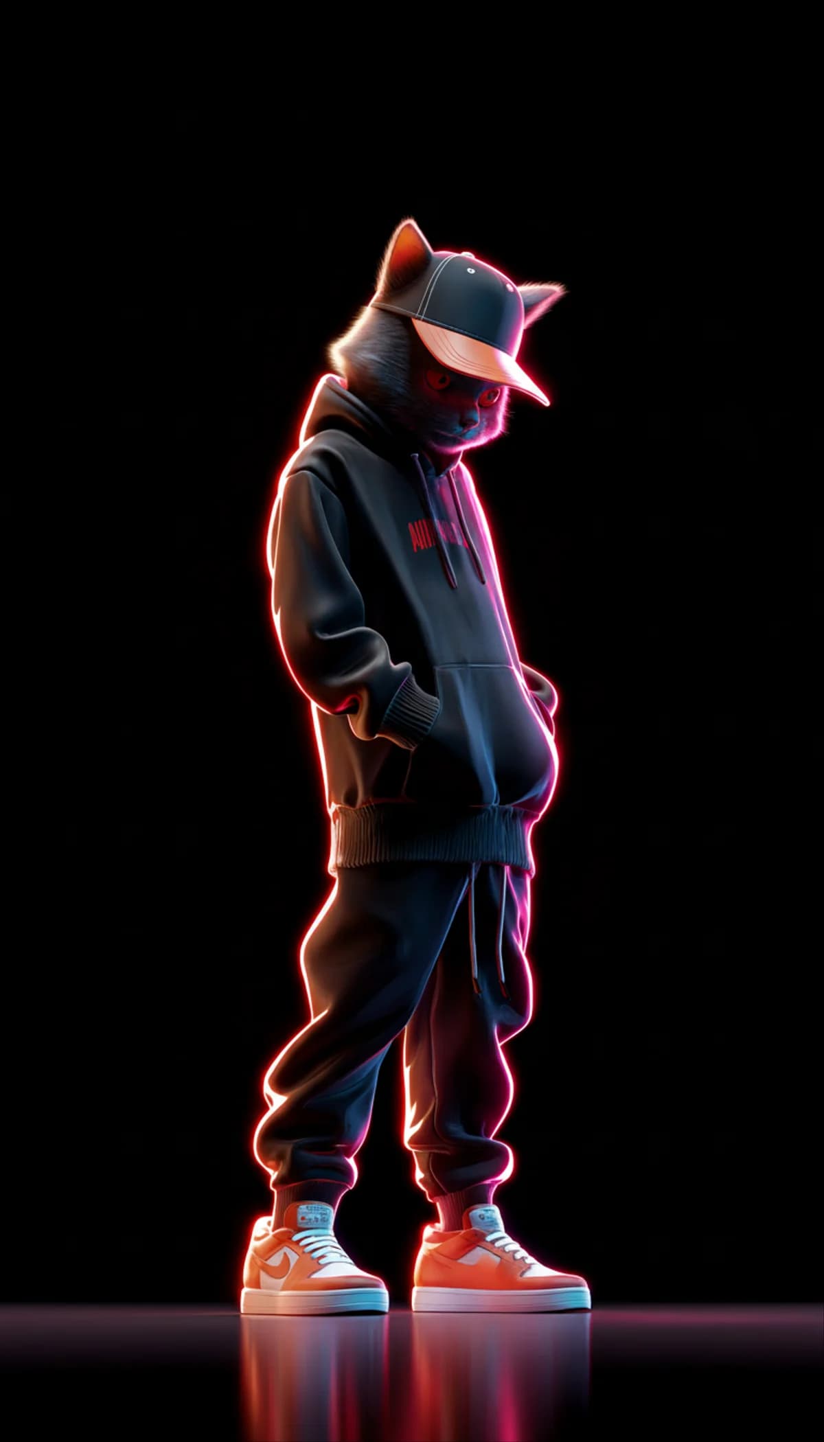 Neon Hoodie Cat with Cap 3D Wallpaper – Red Glow Aesthetic wallpaper - neon style | Picmaze