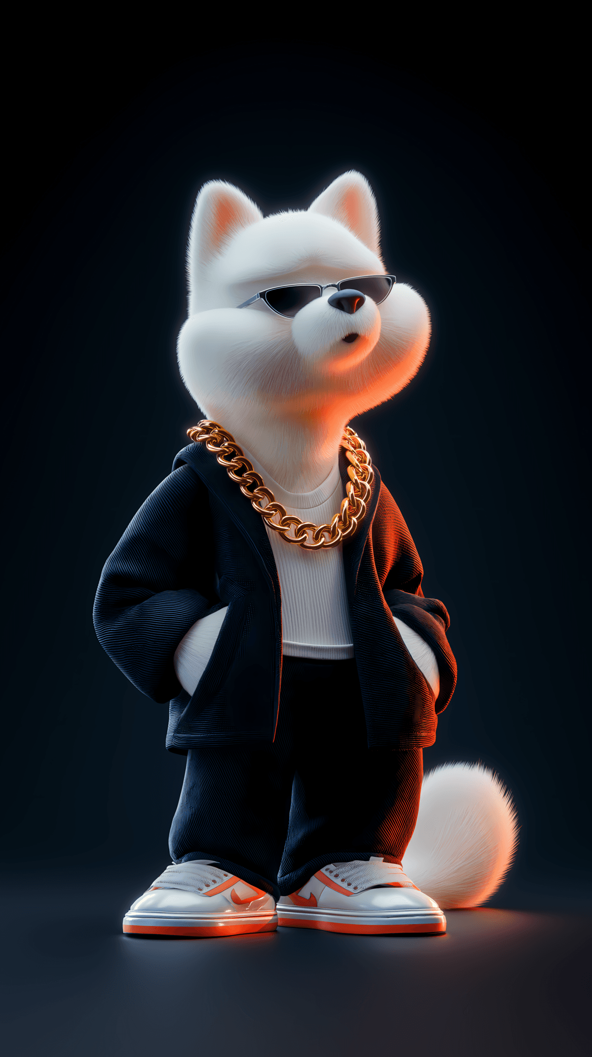 Stylish White Dog with Gold Chain 3D Wallpaper – Cool Android Dark Background wallpaper - Mobile | Picmaze