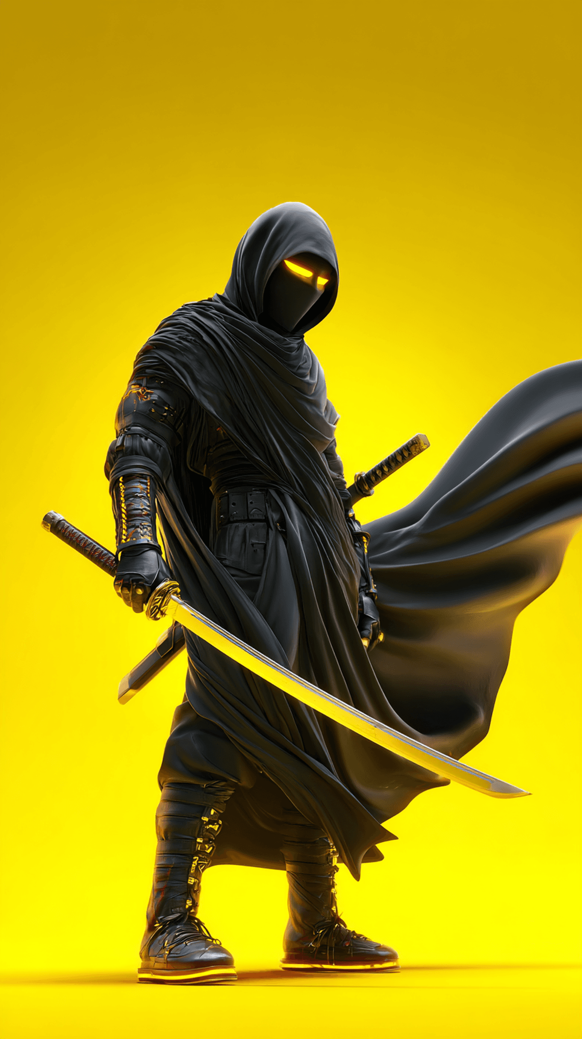 Dark Hooded Dual‑Katana Ninja Android Wallpaper – Stealth Warrior Yellow Background wallpaper - Ninja Wallpapers  | Picmaze