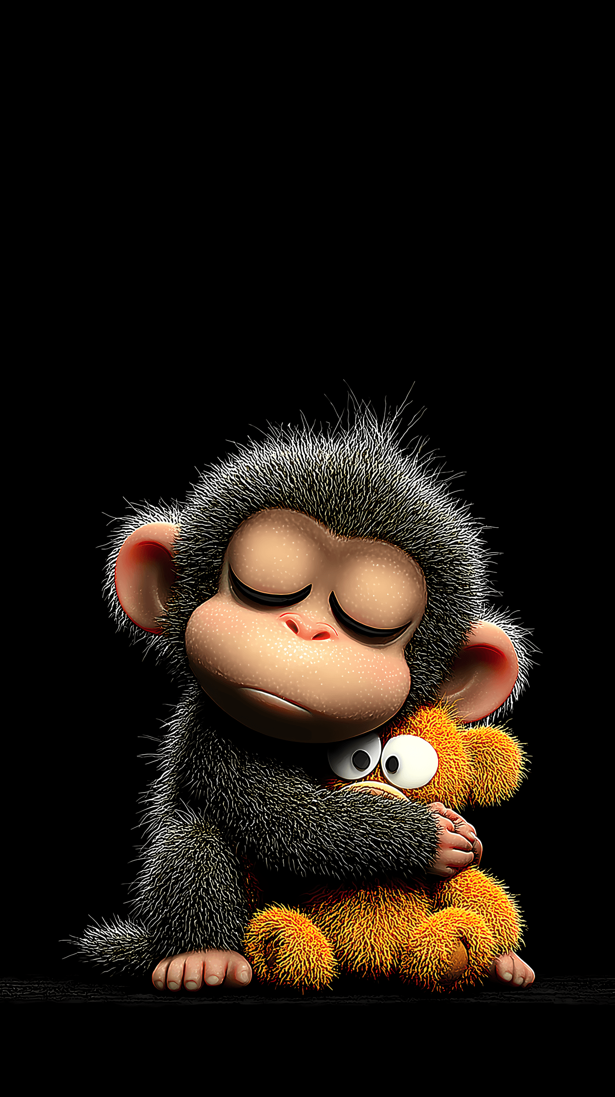 Cute Baby Monkey Hugging Plush Toy – Dark Aesthetic 4K Cartoon Wallpaper wallpaper - monkey | Picmaze