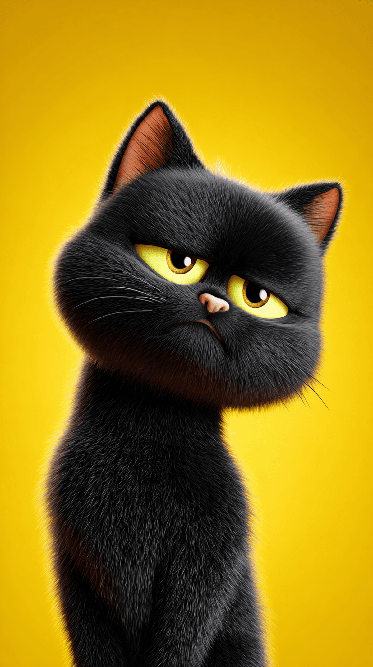 Cute Grumpy Black Cat Android Wallpaper – Funny 3D Cartoon Kitten Yellow Background wallpaper - Cat Wallpapers | Picmaze