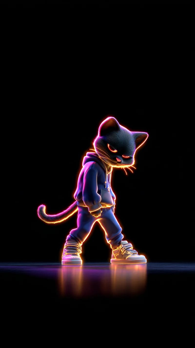 Neon Walking Cat 3D Wallpaper with Fiery Glow Effect - neon style mobile Wallpaper | Picmaze