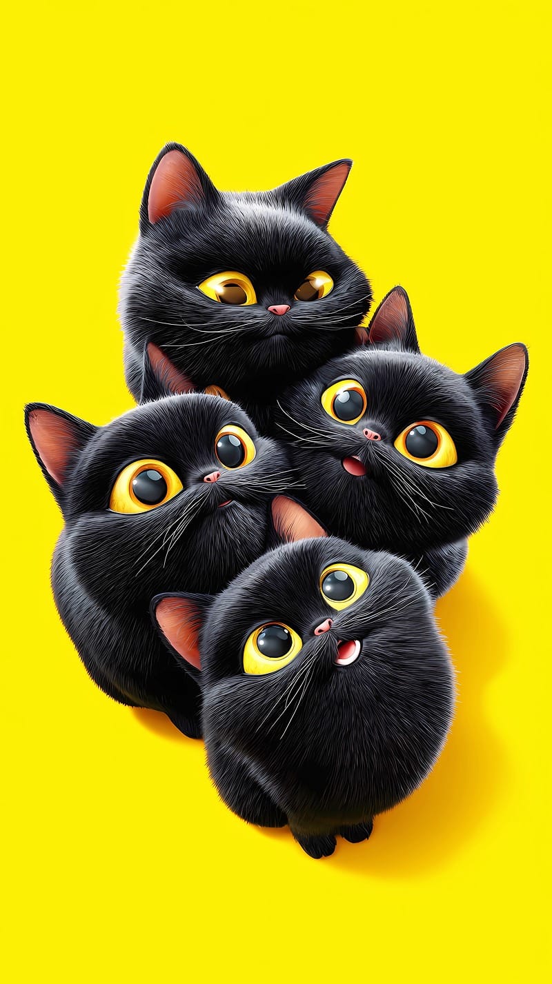 Adorable Black Kitten Squad Android Wallpaper – Cute 3D Cartoon Cats Yellow Background - Cat Wallpapers mobile Wallpaper | Picmaze