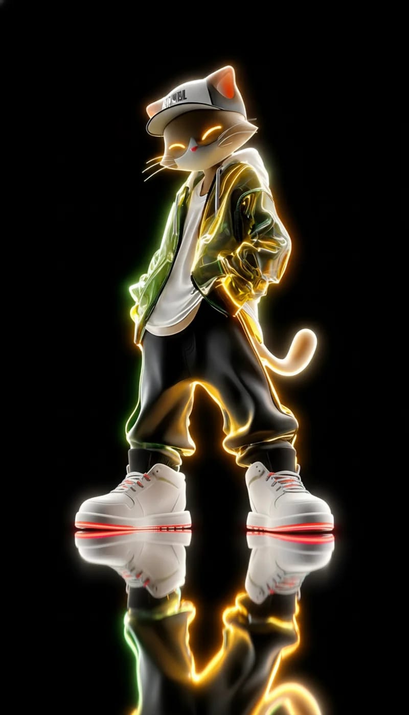 Neon Streetwear Cat 3D Wallpaper with Glowing Outline - neon style mobile Wallpaper | Picmaze