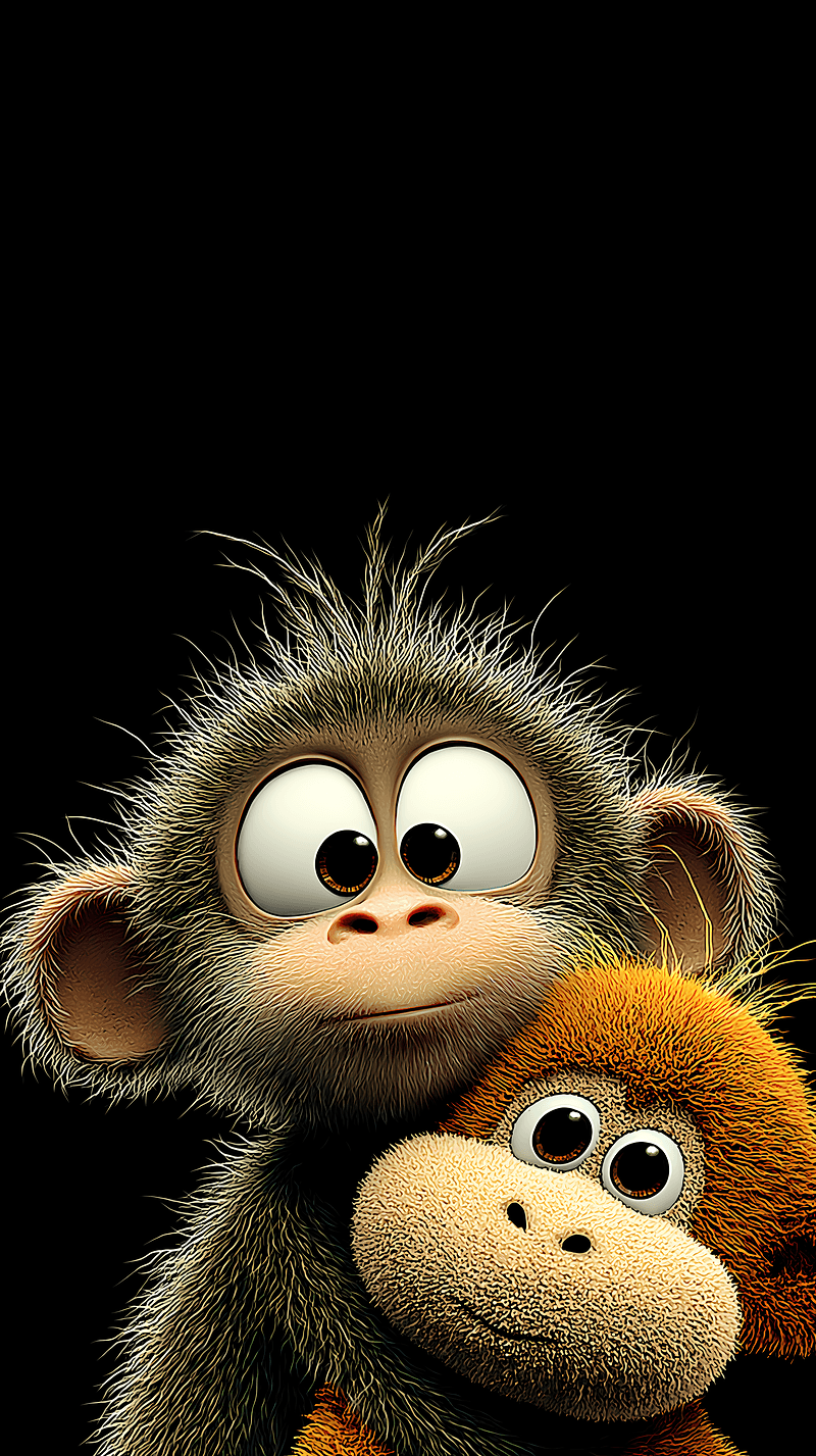 Cute Monkey and Plush Friend Close-Up – Dark Aesthetic 4K Cartoon Wallpaper - monkey mobile Wallpaper | Picmaze