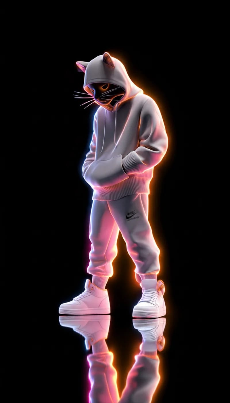 Neon White Hoodie Cat 3D Wallpaper with Soft Glow - neon style mobile Wallpaper | Picmaze
