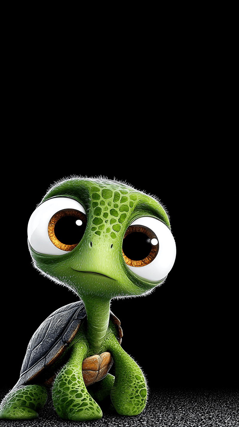 Cute Baby Turtle Close‑Up Android Wallpaper – Big Eyes Cartoon Turtle Minimal Dark Background - Turtle mobile Wallpaper | Picmaze