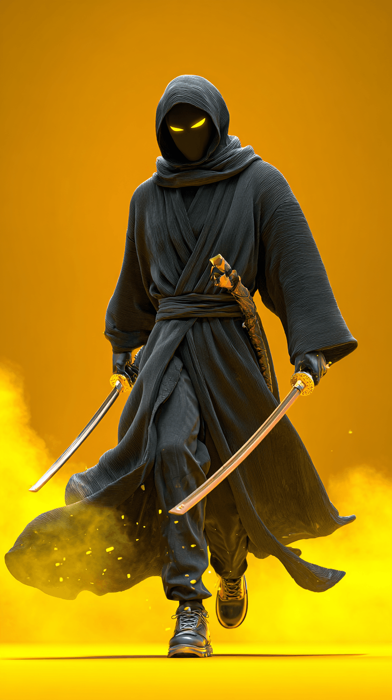 Dark Dual‑Blade Ninja Android Wallpaper – Hooded Warrior with Glowing Eyes Yellow Background - Ninja Wallpapers  mobile Wallpaper | Picmaze