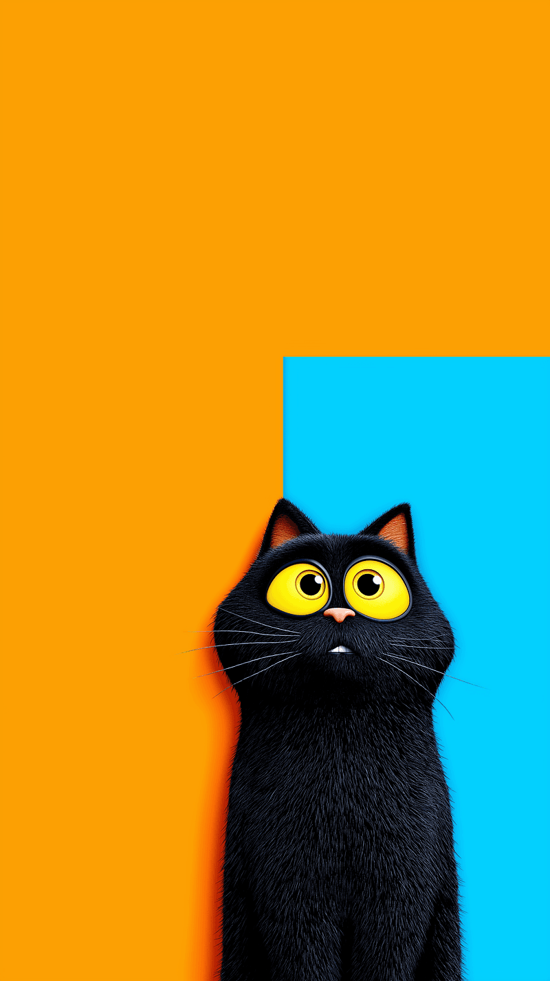 Cute Big‑Eyes Black Cat Wallpaper – Minimal Orange Blue Cartoon Cat Android - Cat Wallpapers mobile Wallpaper | Picmaze