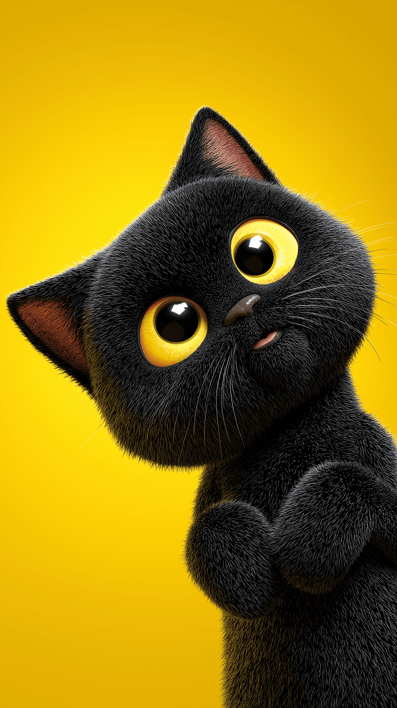 Cute Black Cat Tilt Pose Android Wallpaper – Adorable 3D Kitten Yellow Background - Cat Wallpapers mobile Wallpaper | Picmaze
