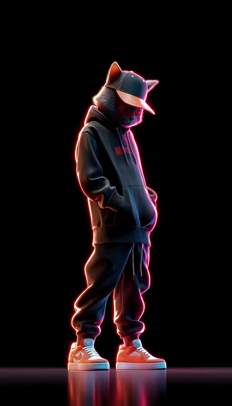 Neon Hoodie Cat with Cap 3D Wallpaper – Red Glow Aesthetic - neon style mobile Wallpaper | Picmaze