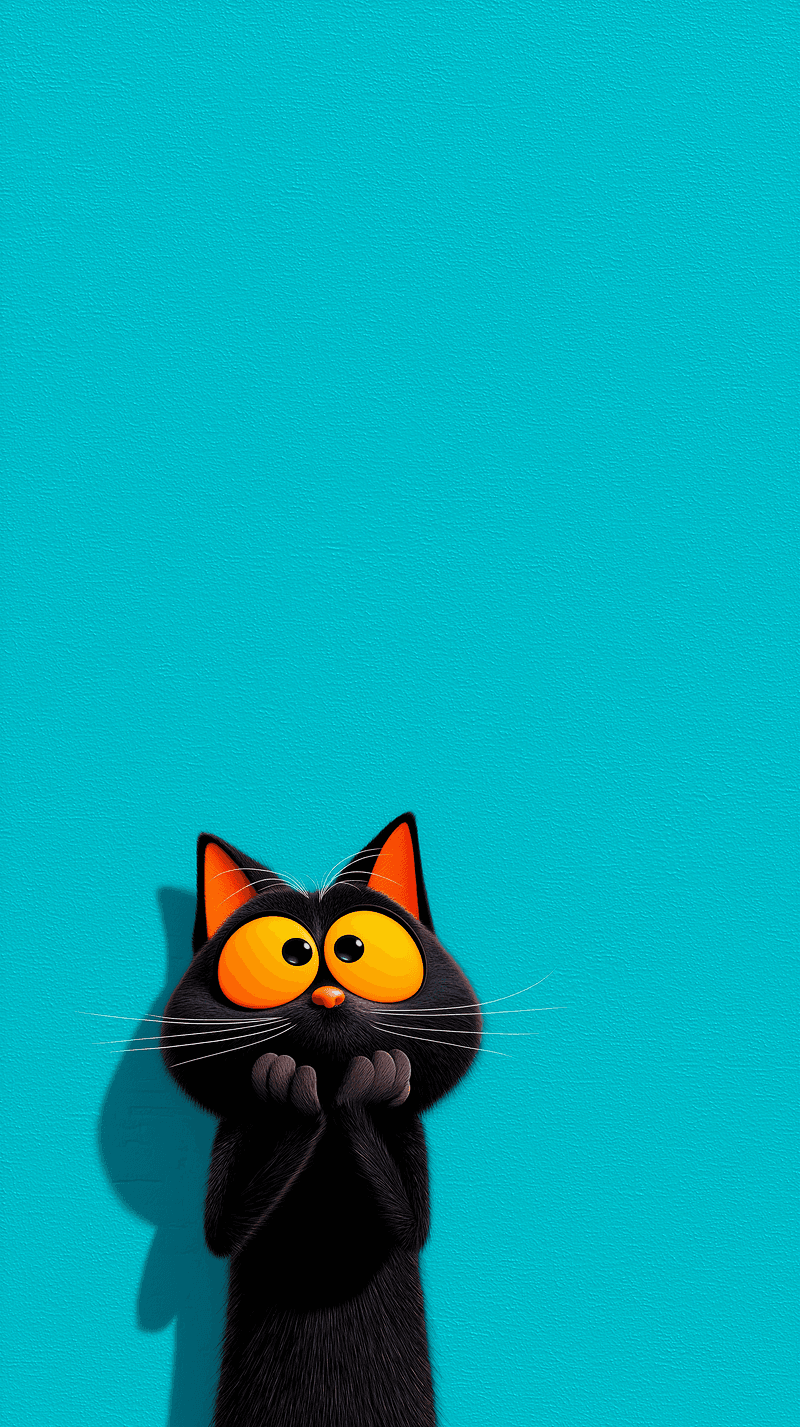 Cute Begging Black Cat Wallpaper – Big‑Eyes Cartoon Cat Cyan Android Background - Cat Wallpapers mobile Wallpaper | Picmaze