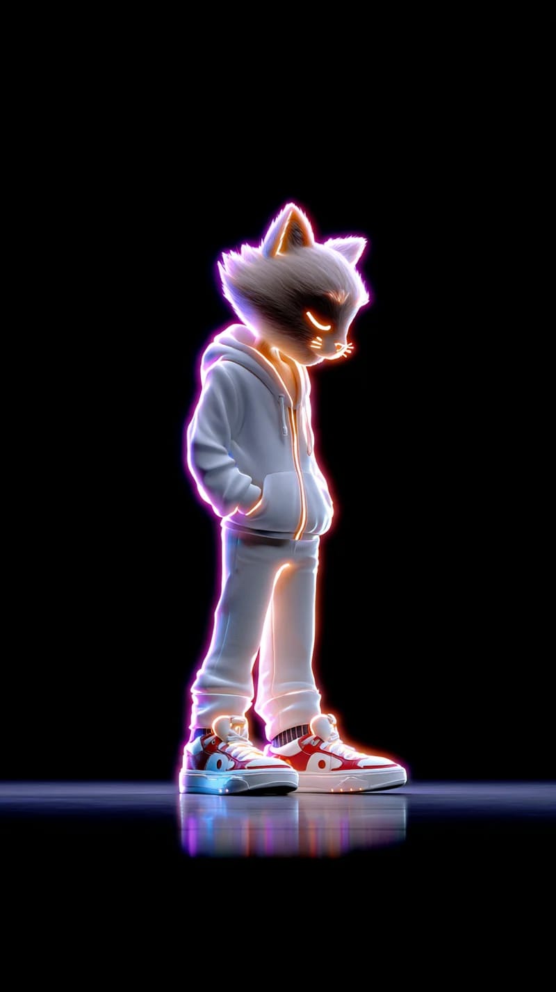 Neon Hoodie Cat 3D Wallpaper with Soft Glow Effect - neon style mobile Wallpaper | Picmaze