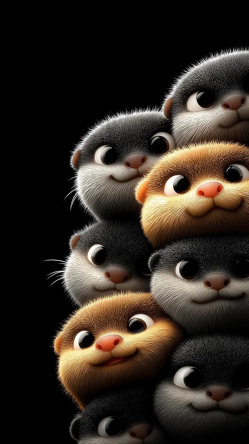 Cute 3D Otters Stack Wallpaper Black Background 4K - Otters mobile Wallpaper | Picmaze