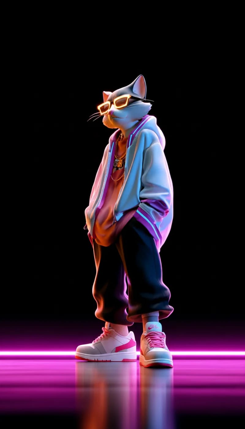 Neon Streetwear Cat 3D Wallpaper with Pink Glow Floor - neon style mobile Wallpaper | Picmaze