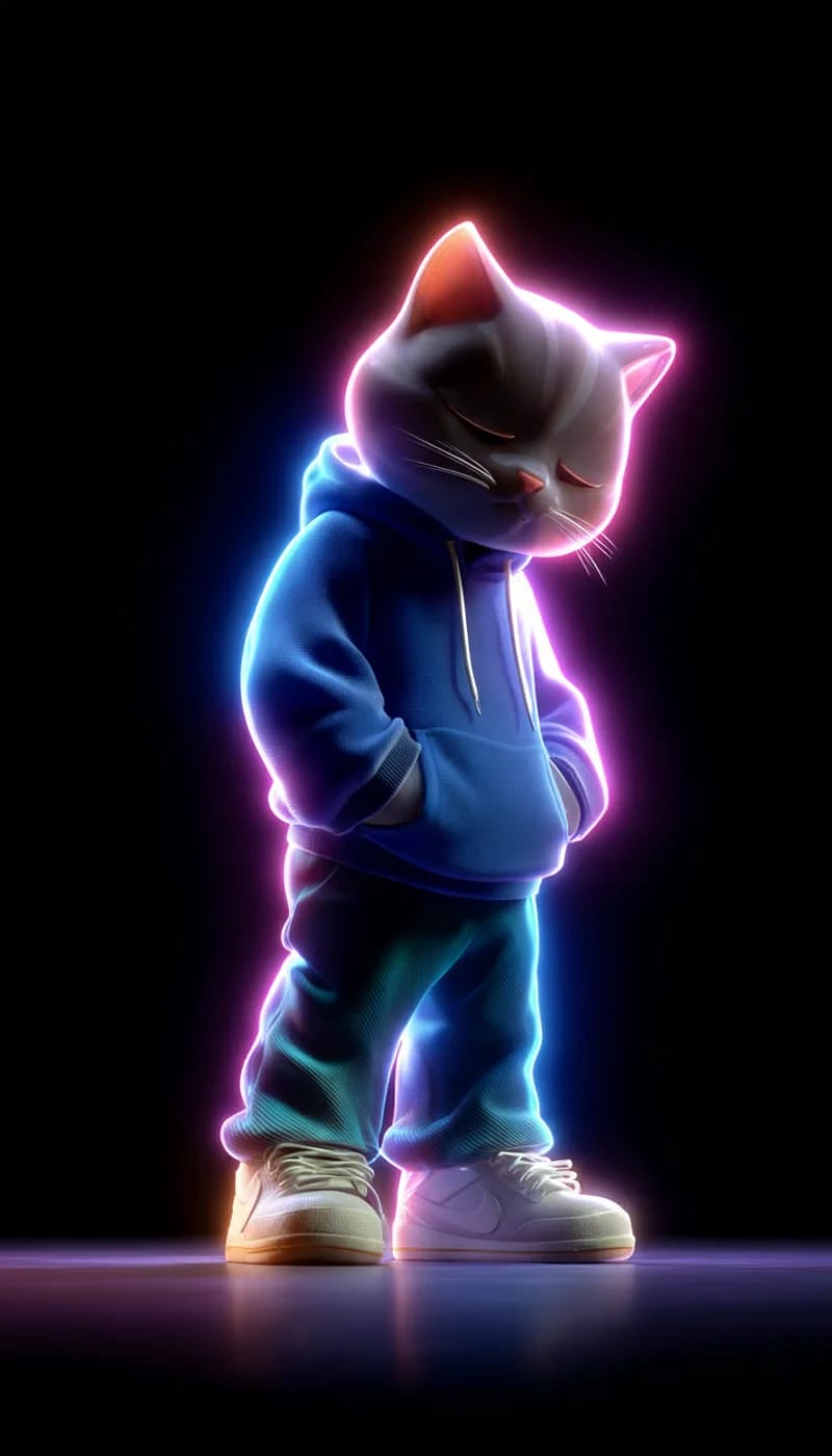 Soft Neon Hoodie Cat 3D Wallpaper with Calm Glow - neon style mobile Wallpaper | Picmaze