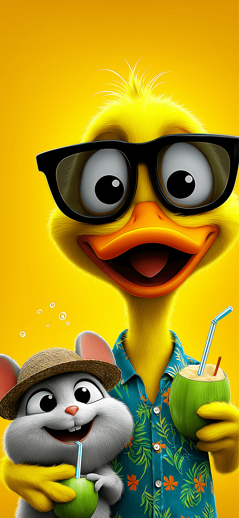 Cute Cartoon Duck and Bunny Summer Drink 3D Wallpaper - ios wallpapers mobile Wallpaper | Picmaze