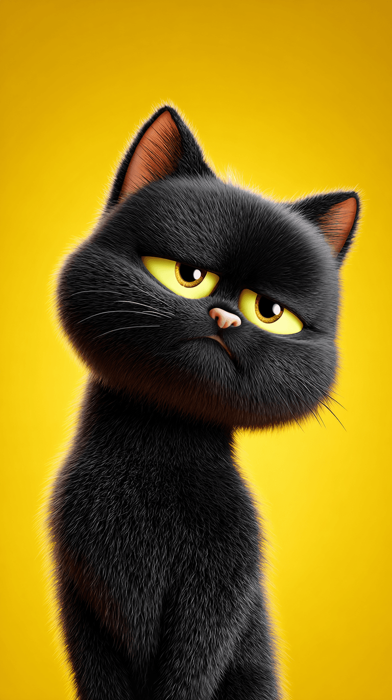 Cute Grumpy Black Cat Android Wallpaper – Funny 3D Cartoon Kitten Yellow Background - Cat Wallpapers mobile Wallpaper | Picmaze