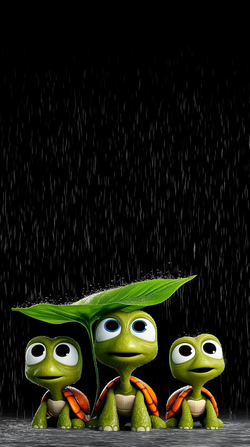 Cute Turtle Trio Under Leaf Rain Wallpaper 4K - Turtle mobile Wallpaper | Picmaze