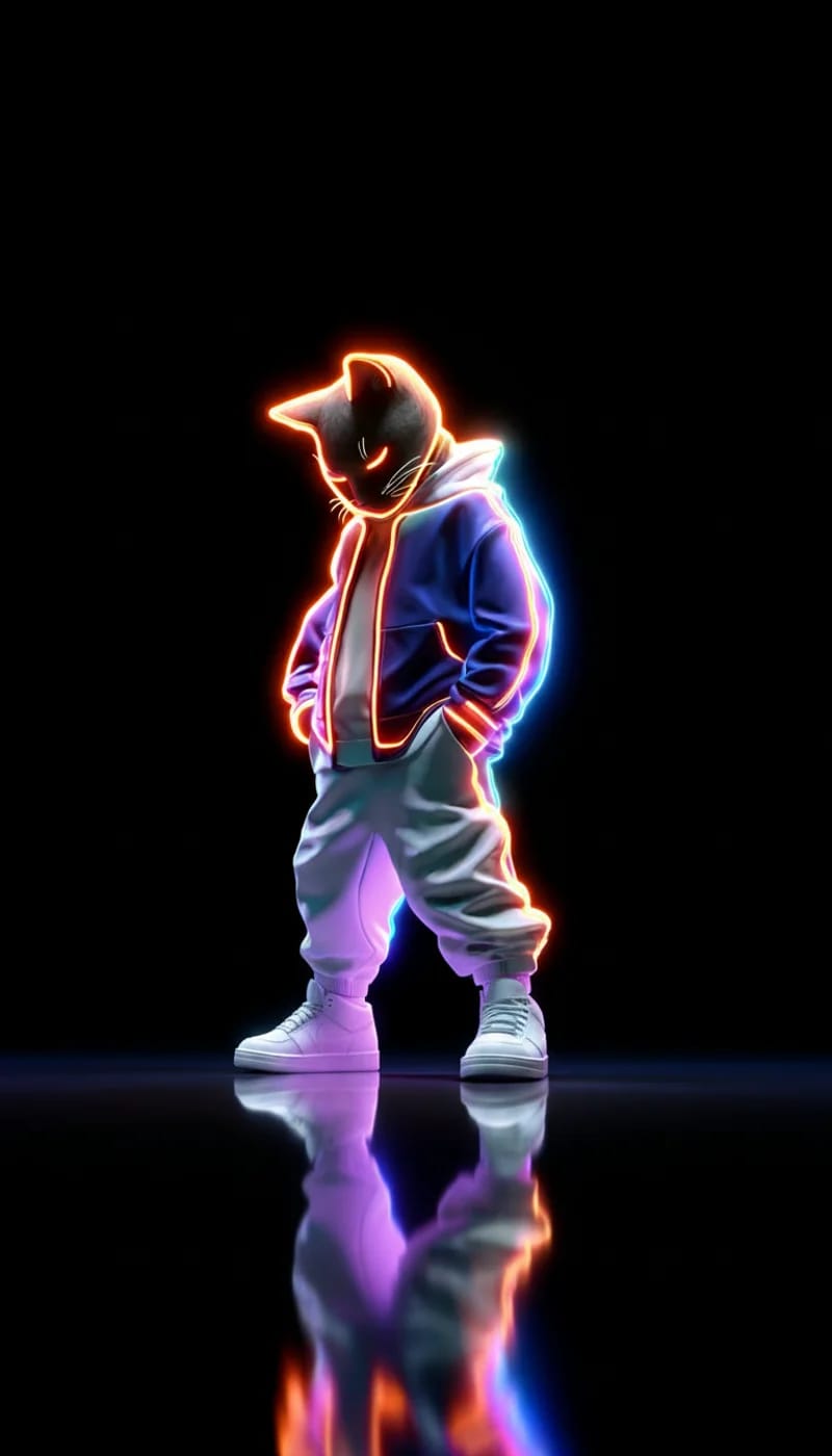 Neon Hoodie Cat 3D Wallpaper with Vibrant Glow Outline - neon style mobile Wallpaper | Picmaze