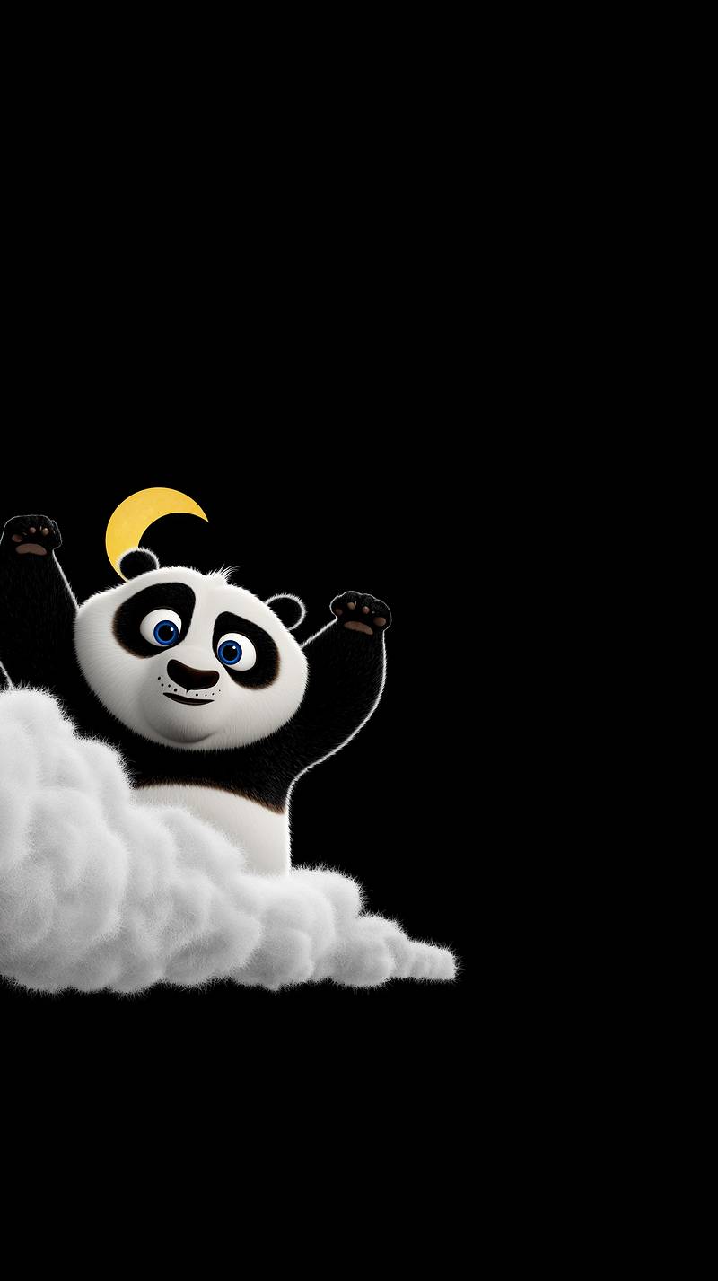 Cute Panda Waving on Cloud Android Wallpaper – Cartoon Panda with Crescent Moon Minimal Dark Background - Panda Wallpapers mobile Wallpaper | Picmaze