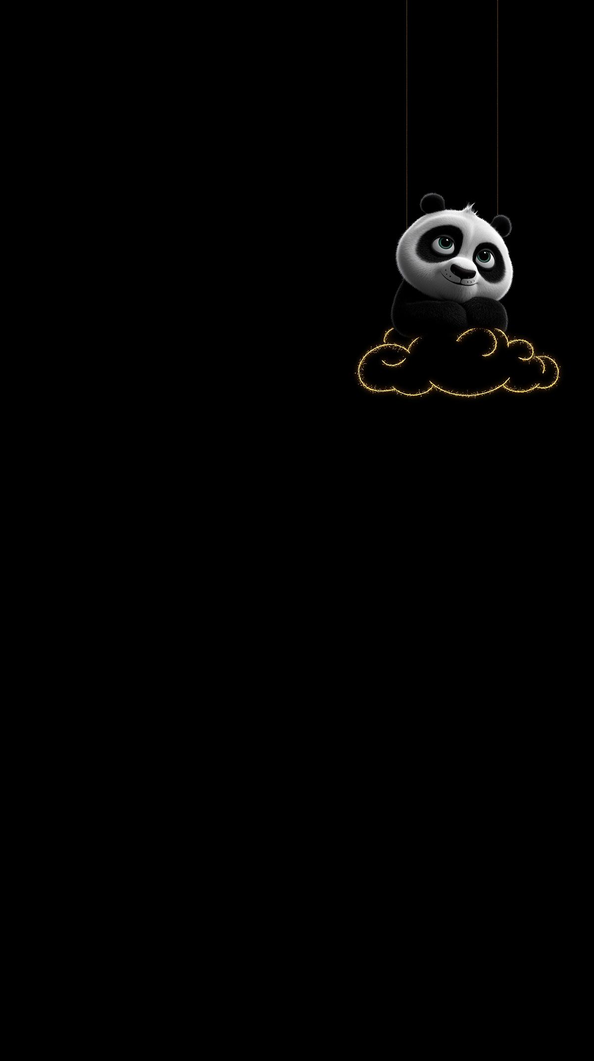 Cute Panda Sitting on Golden Cloud Android Wallpaper – Cartoon Panda Hanging Cloud Minimal Dark Background wallpaper - Panda Wallpapers | Picmaze