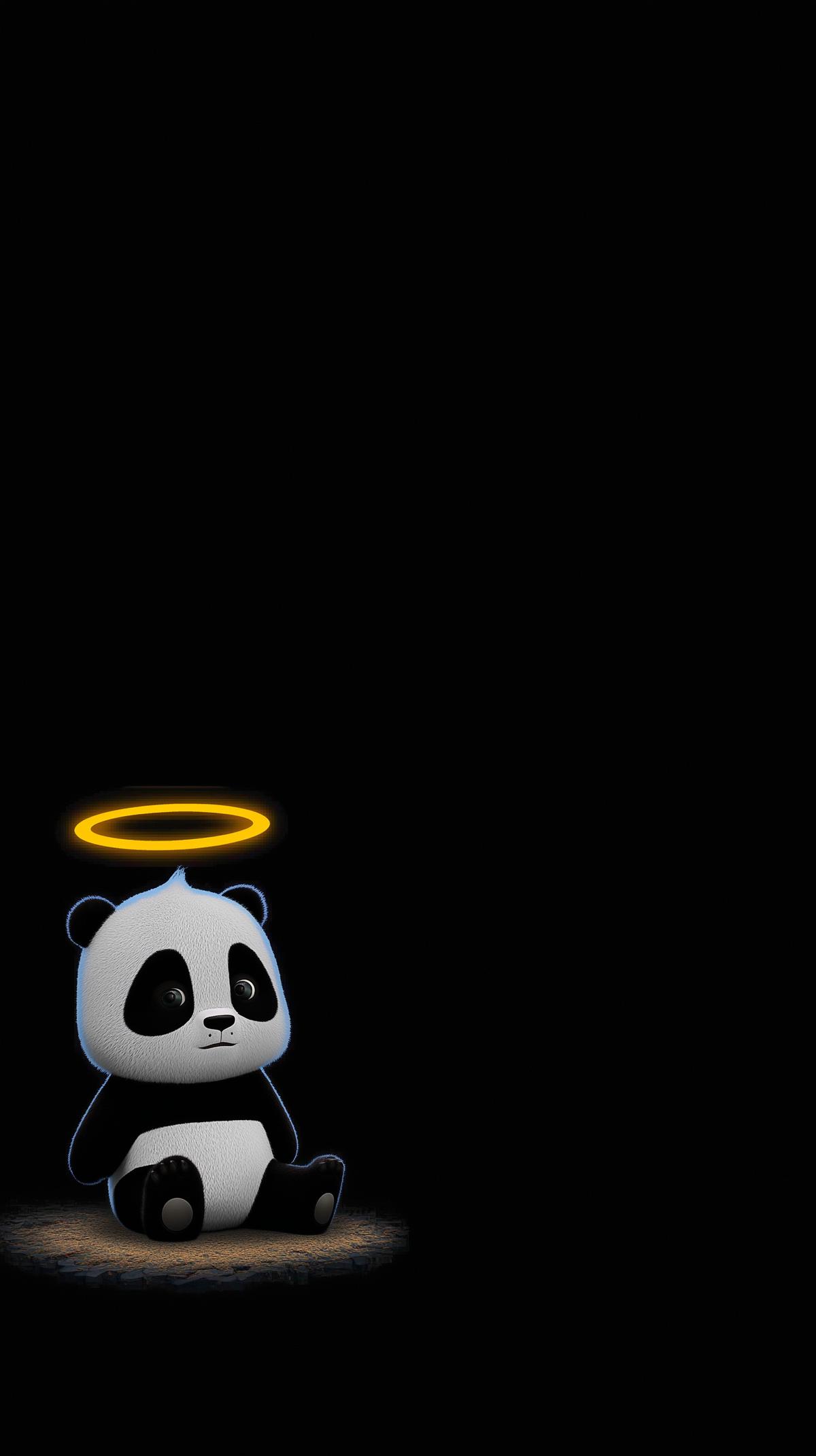 Cute Angel Baby Panda Sitting Android Wallpaper – Minimal Cartoon Panda with Golden Halo Dark Background wallpaper - Panda Wallpapers | Picmaze