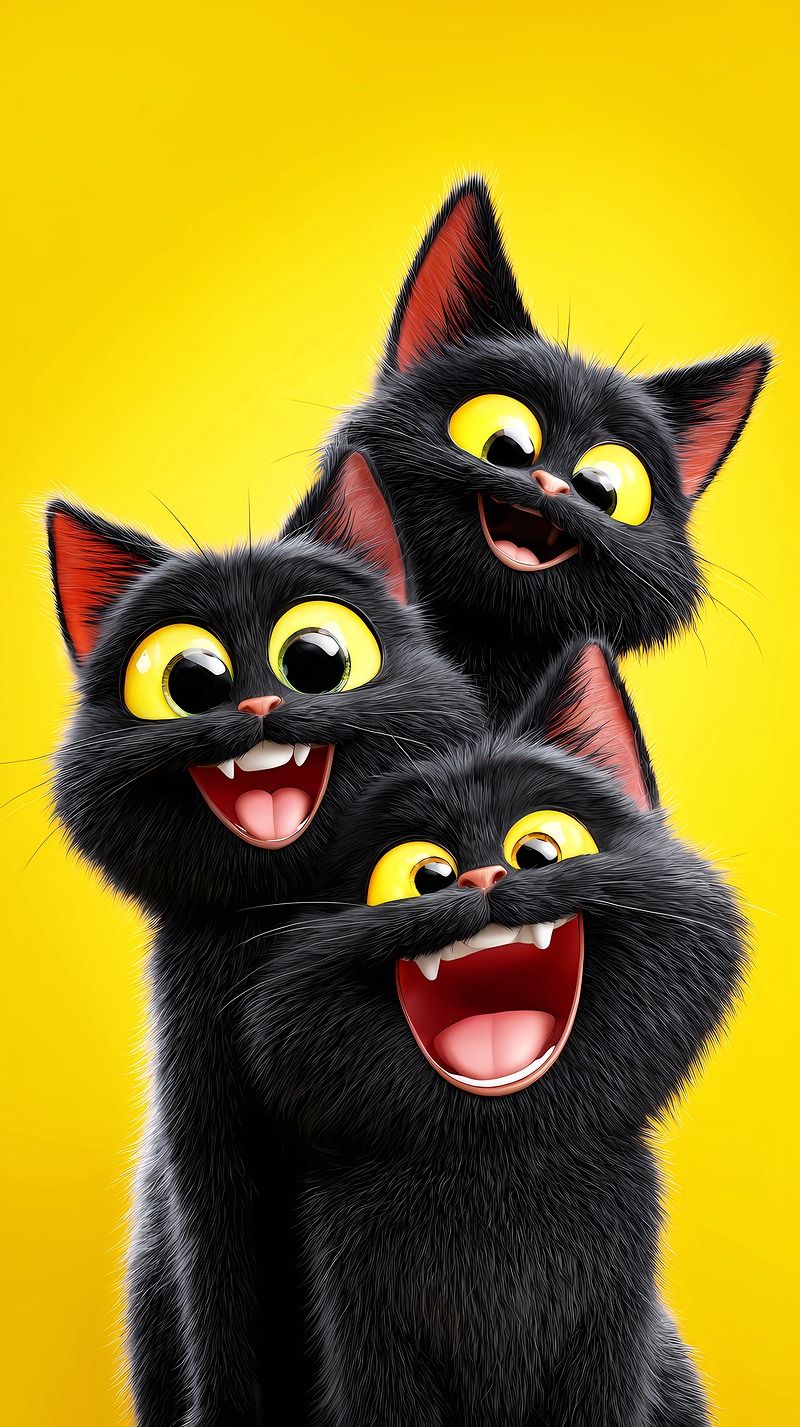 Happy Black Cat Trio Android Wallpaper – Smiling 3D Cartoon Kittens Yellow Background - Cat Wallpapers mobile Wallpaper | Picmaze