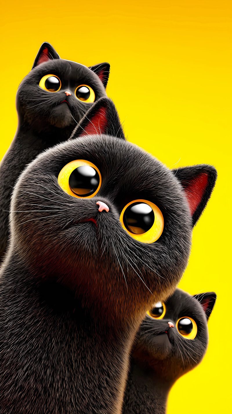 Cute Black Cat Perspective Android Wallpaper – Big Eyes 3D Kitten Yellow Background - Cat Wallpapers mobile Wallpaper | Picmaze