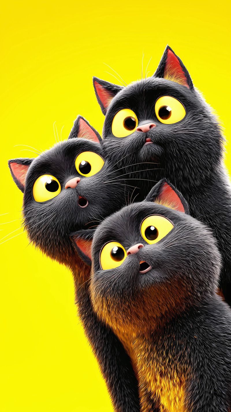 Curious Black Cat Trio Android Wallpaper – Big Eye 3D Cartoon Kittens Yellow Background - Cat Wallpapers mobile Wallpaper | Picmaze