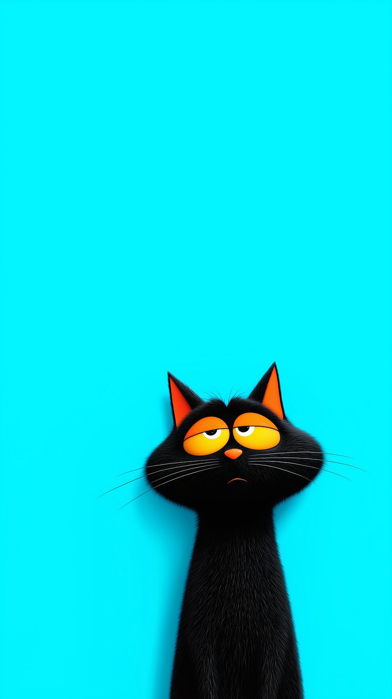 Sleepy Black Cat Wallpaper – Funny Lazy Cartoon Cat Cyan Background Android - Cat Wallpapers mobile Wallpaper | Picmaze