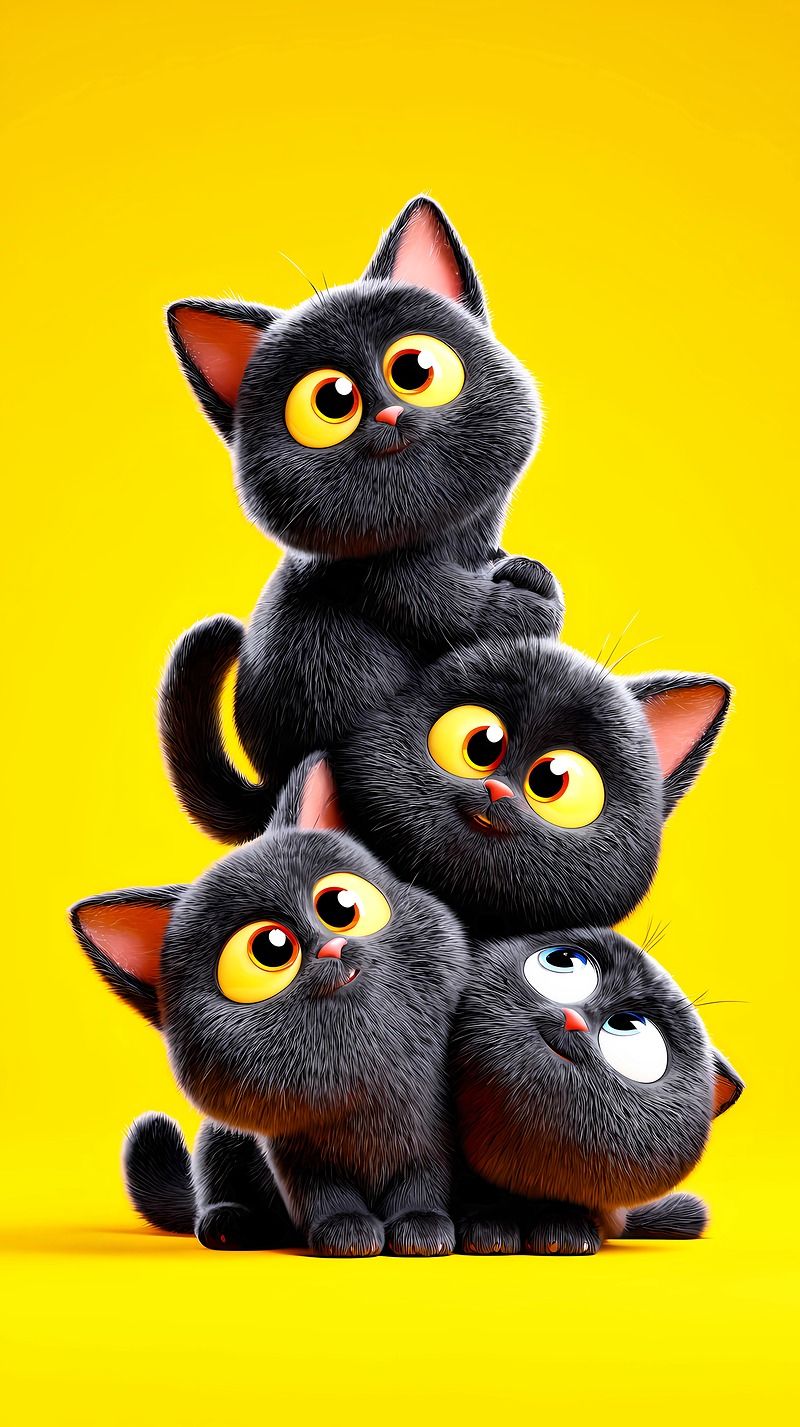 Four Cute Black Kittens Android Wallpaper – Adorable 3D Cartoon Cat Stack Background - Cat Wallpapers mobile Wallpaper | Picmaze