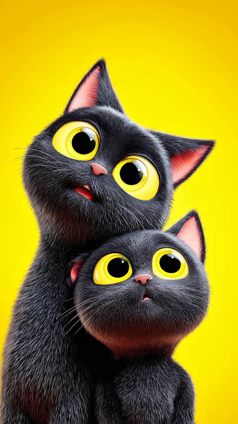 Cute Black Cat Duo Android Wallpaper – Big Eye 3D Kittens Yellow Background - Cat Wallpapers mobile Wallpaper | Picmaze